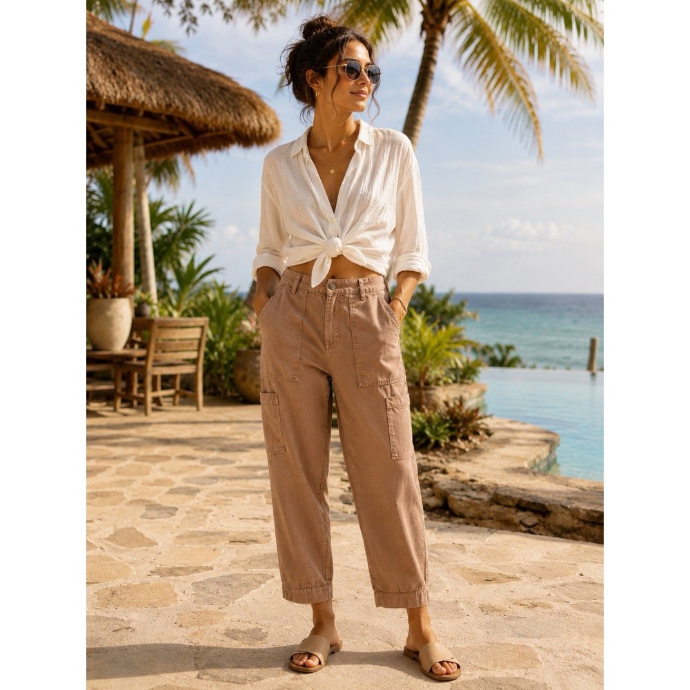 Banana Republic Relaxed Surplus Cargo Pant Womens 00‎ Petite Beige Wide Leg Crop